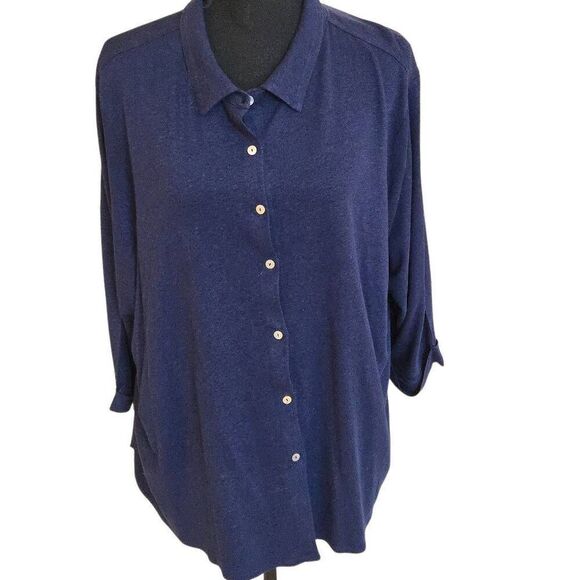 Tahari Tops - Tahari Womens Linen Blend Button Front 3/4 Sleeve Blouse Top Navy Blue Size 2X